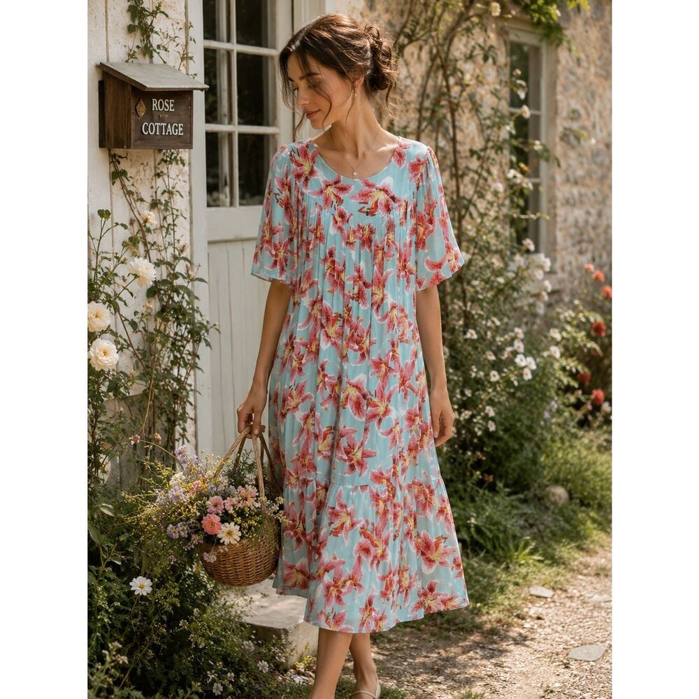 Go Softly Patio Baby Blue Pink Floral Honeysuckle Mumu Midi Dress Sz M Prairie